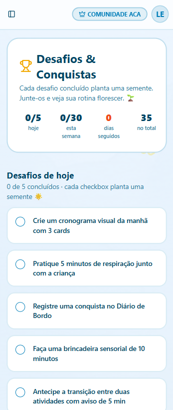 Tela real dos Desafios Diários: progresso da semana e as missões de hoje